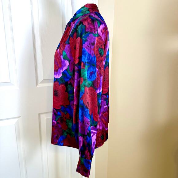 Talbots Twist Neck Satin Charmeuse Top Wrapped Jewel Tone Floral Large Petite - Picture 4 of 9